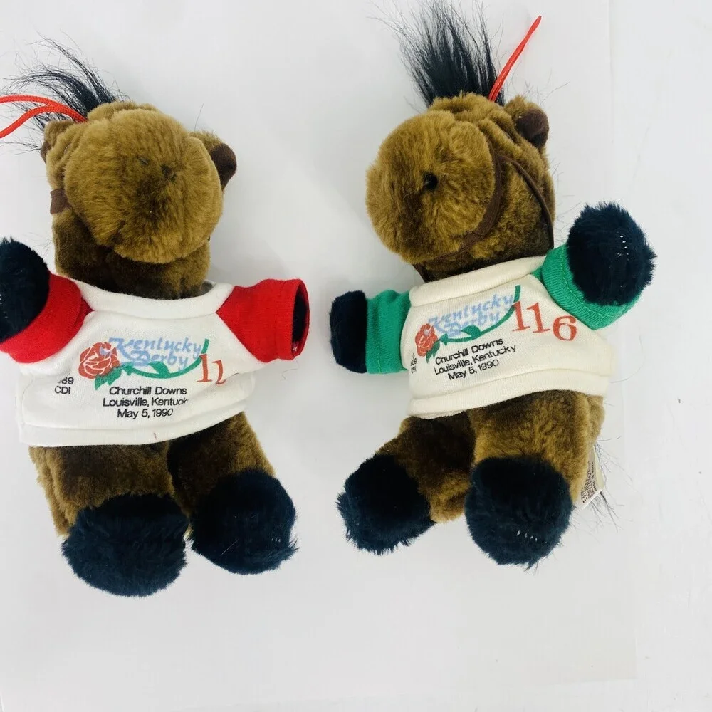 2- '90 Kentucky Derby Stuffed Horse Ornament Churchill Downs Souvenirs Red Green